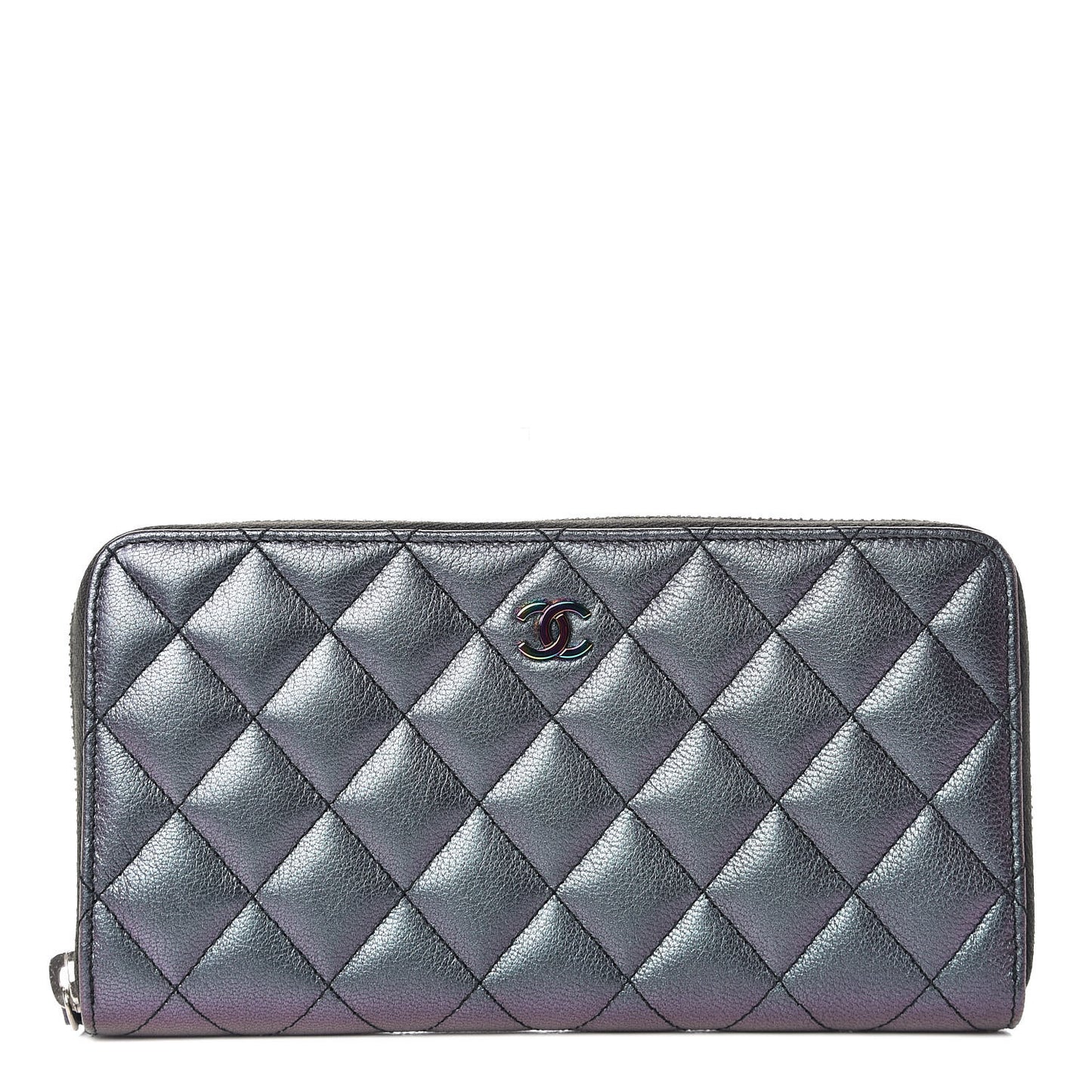 Iridescent Goatskin Quilted Large Zip Around Wallet Purple