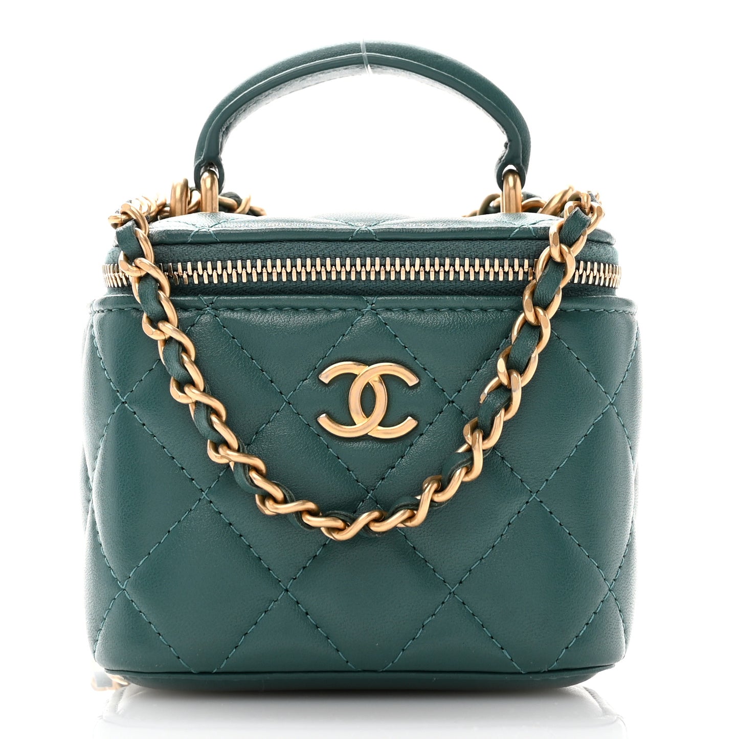 Lambskin Quilted Top Handle Mini Vanity Case With Chain Green