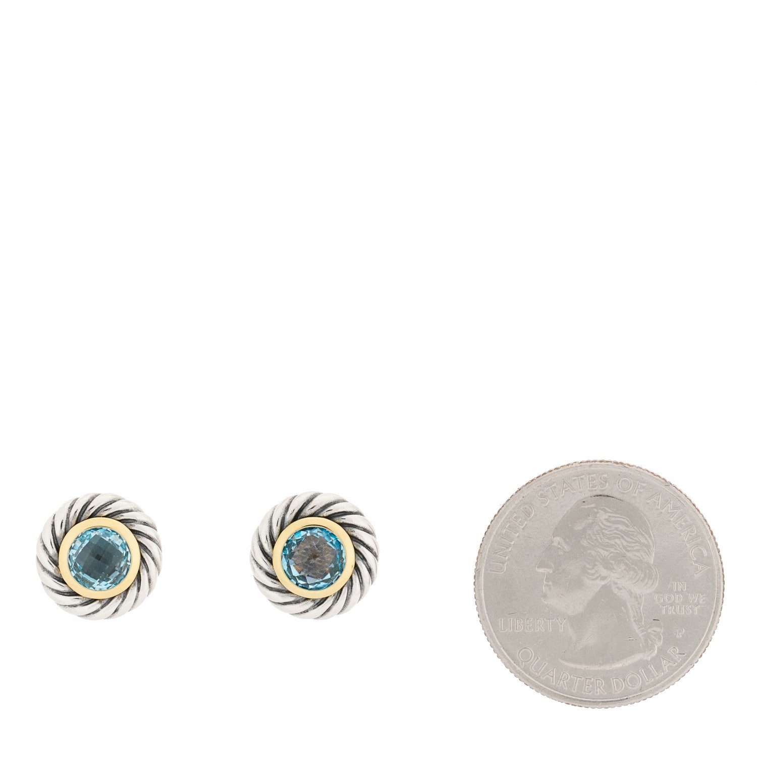 David Yurman Sterling Silver 18K Yellow Gold Blue Topaz Cookie Cable Earrings 2 of 4