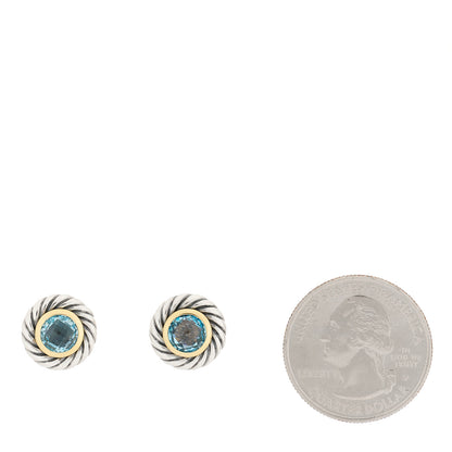 David Yurman Sterling Silver 18K Yellow Gold Blue Topaz Cookie Cable Earrings 2 of 4