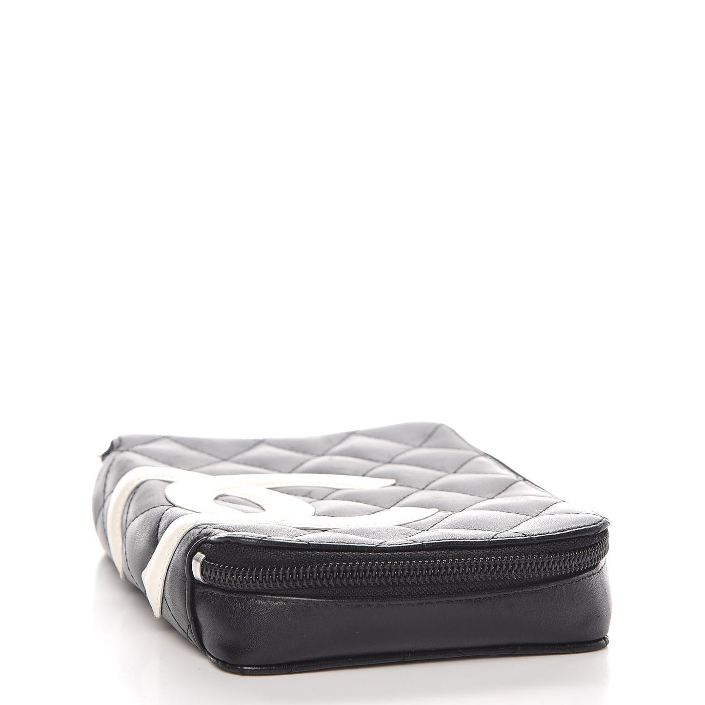 Calfskin Quilted Cambon Zip Around Makeup Pouch Black White