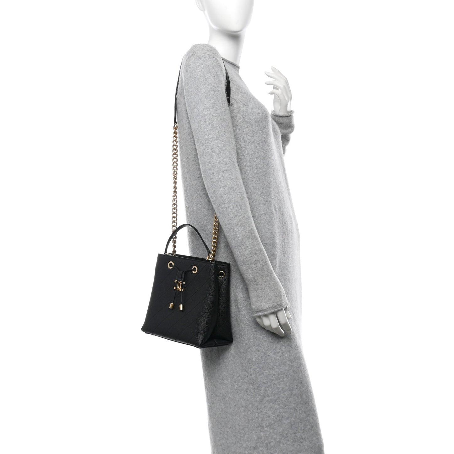 Grained Calfskin Stitched Small Drawstring Bag Black