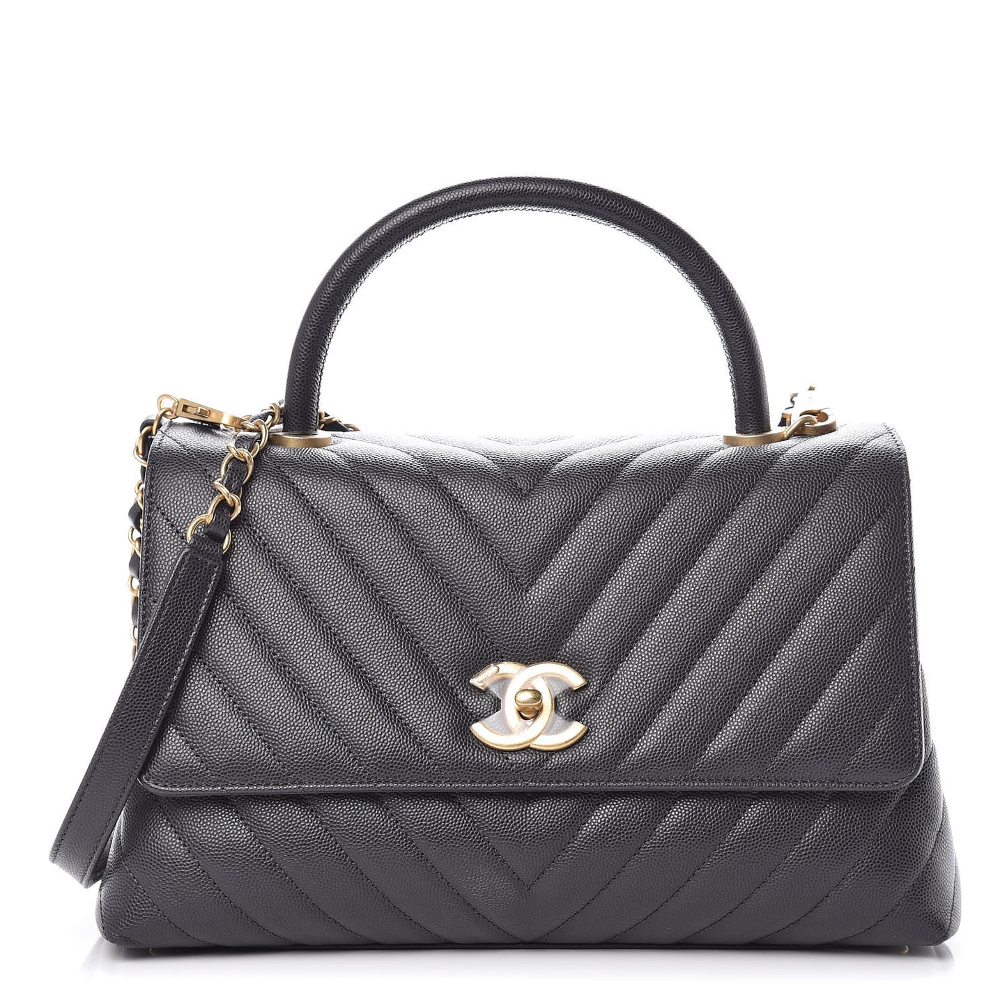 Caviar Chevron Quilted Small Coco Handle Flap Dark Grey