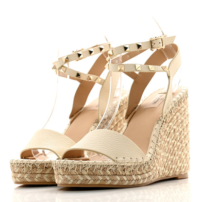 Valentino Garavani Grained Calfskin Rockstud Crisscross Ankle Strap Espadrille Wedge Sandals 41 Light Ivory 3 of 9