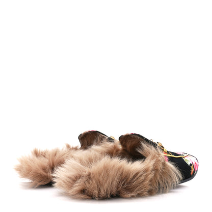 Gucci Velvet Fur Floral Womens Princetown Slippers 37.5 Black 4 of 9