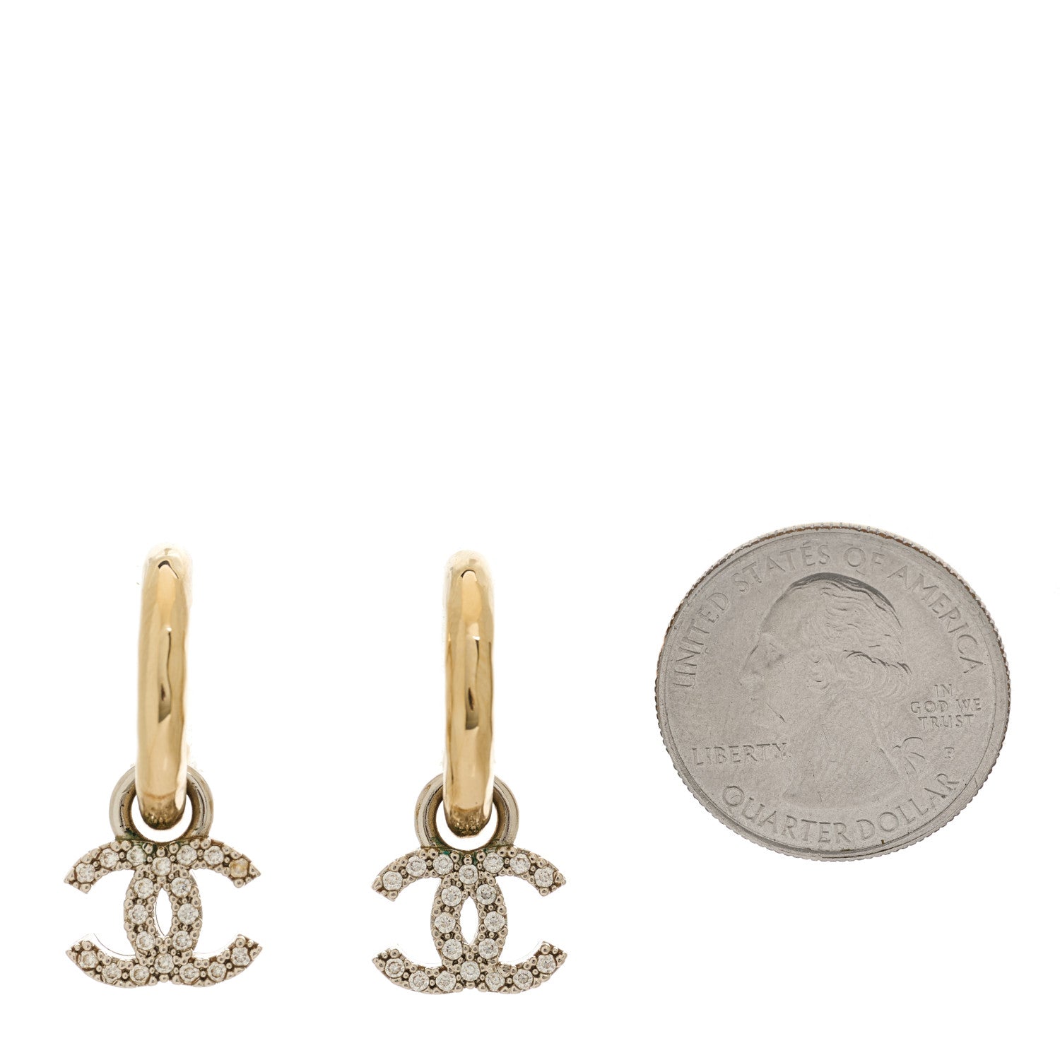 Chanel Metal Crystal Studded CC Hoop Drop Earrings Gold 2 of 4
