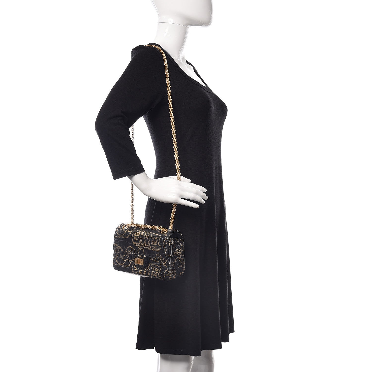 Chanel Calfskin Crocodile Embossed Graffiti 2.55 Mini Cocodile Reissue Flap Black Gold 2 of 10
