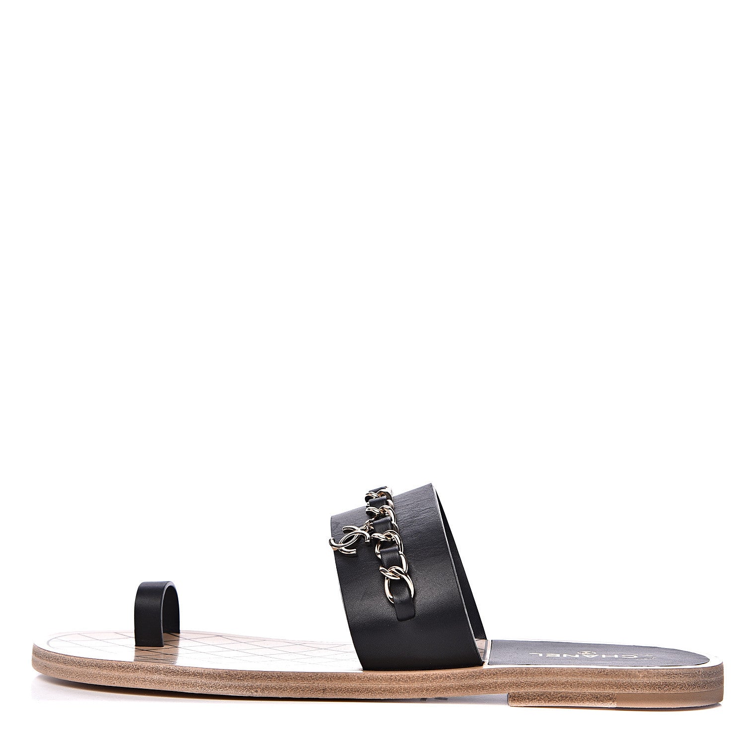 Chanel Calfskin Chain CC Logo Toe Ring Sandals 39 Black 1 of 9