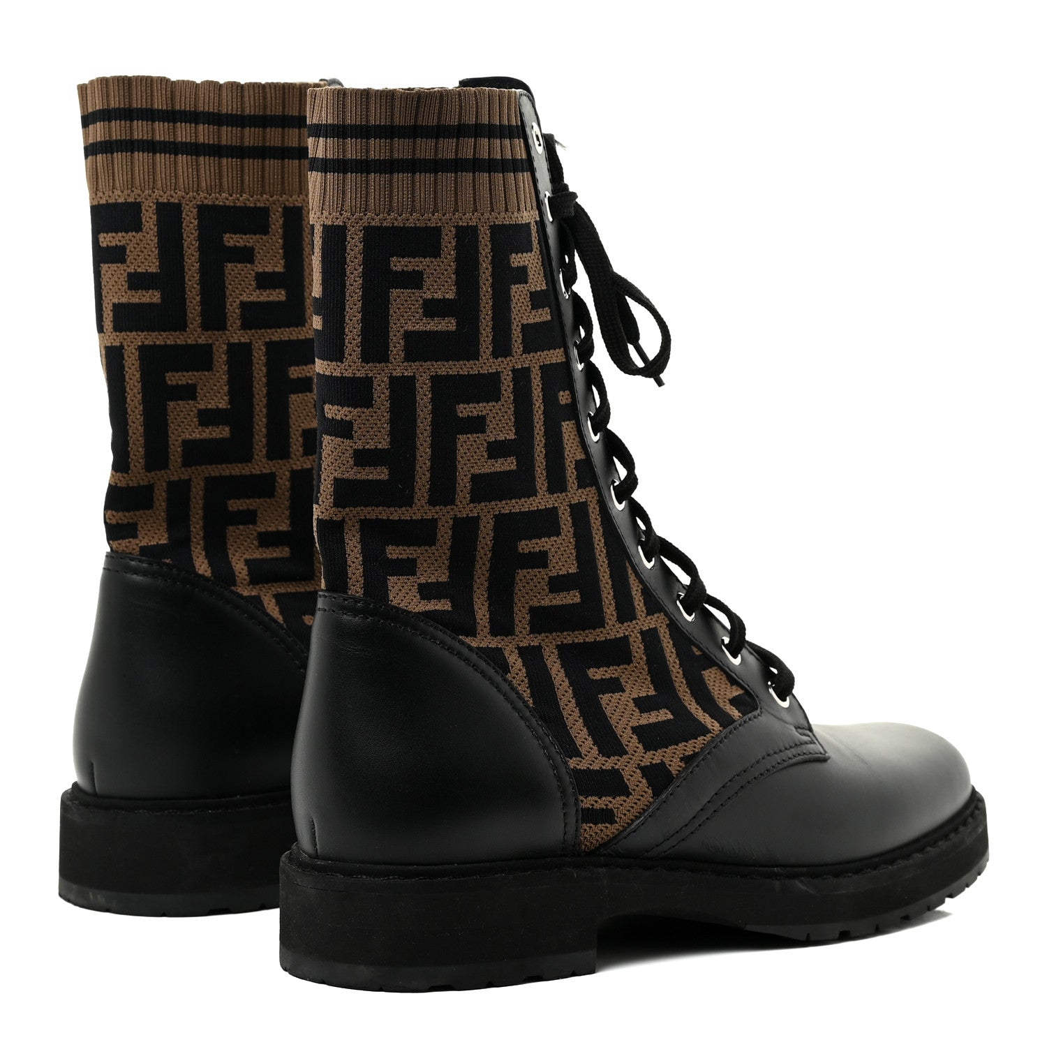 Fendi Calfskin Stretch Fabric FF Rockoko Biker Boots 39 Black Tobacco 4 of 18