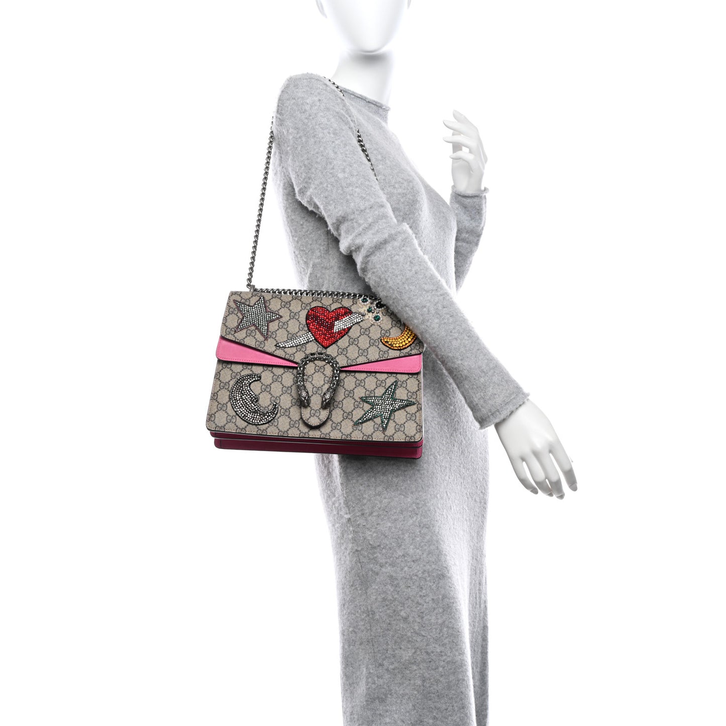 GG Supreme Monogram Suede Pierced Heart Embroidered Medium Dionysus Shoulder Bag Beige Ebony Pink Tropical Flower