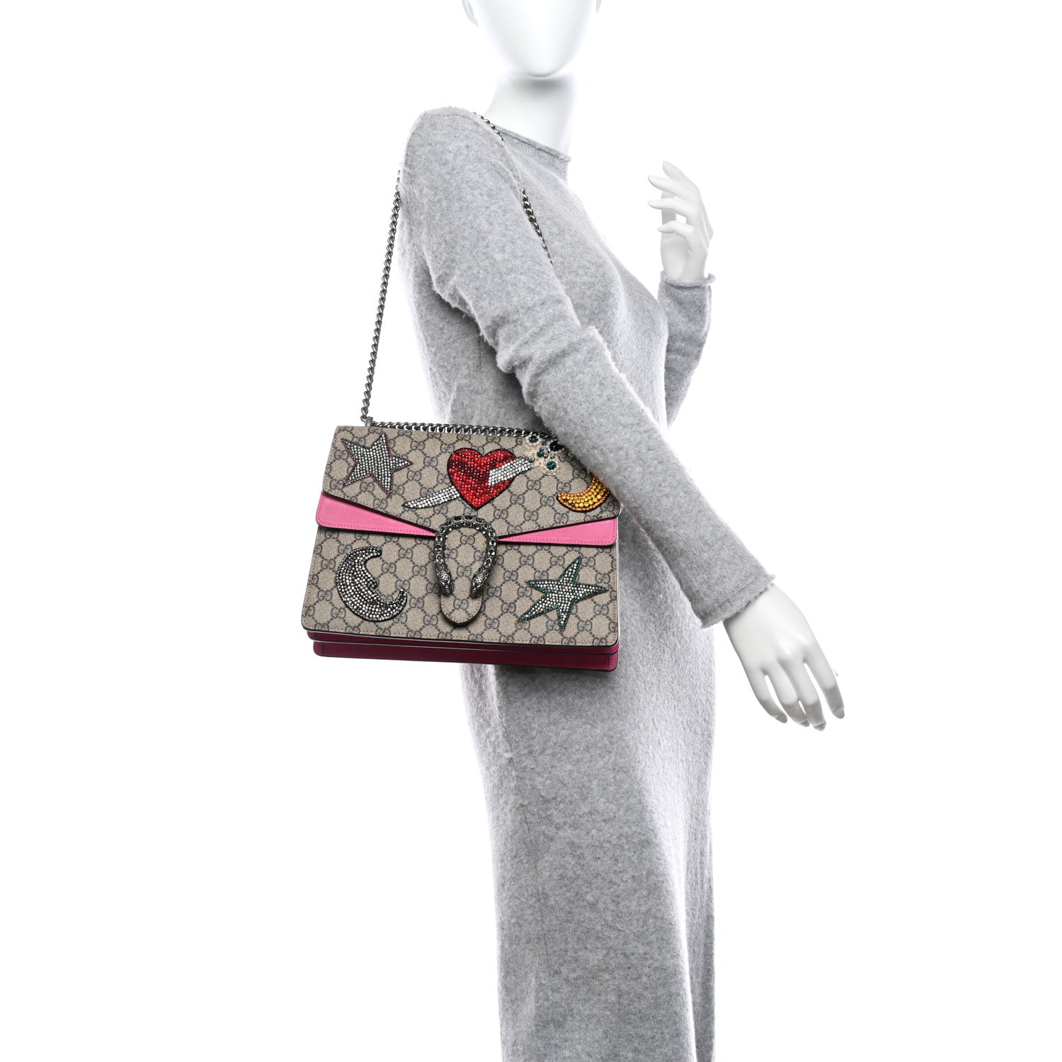 Gucci GG Supreme Monogram Suede Pierced Heart Embroidered Medium Dionysus Shoulder Bag Beige Ebony Pink Tropical Flower 2 of 11