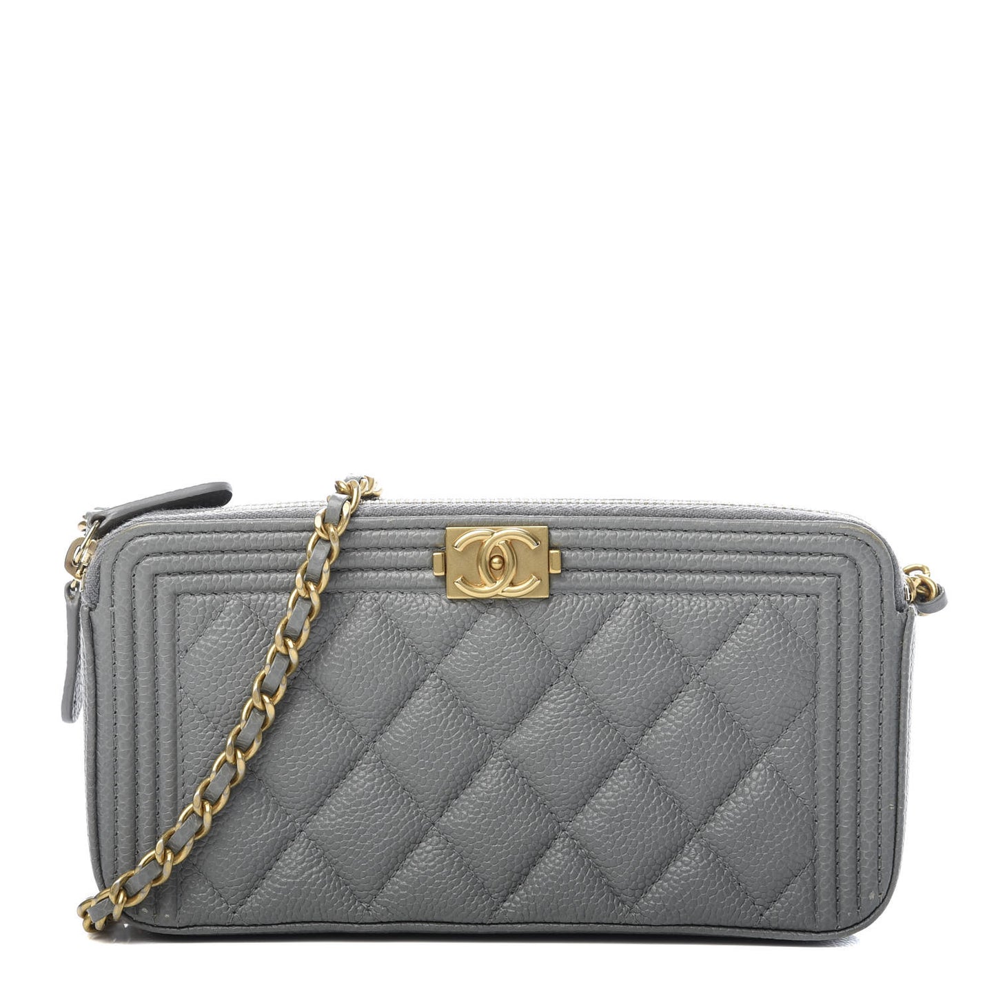 Caviar Quilted Small Boy Clutch With Chain Grey