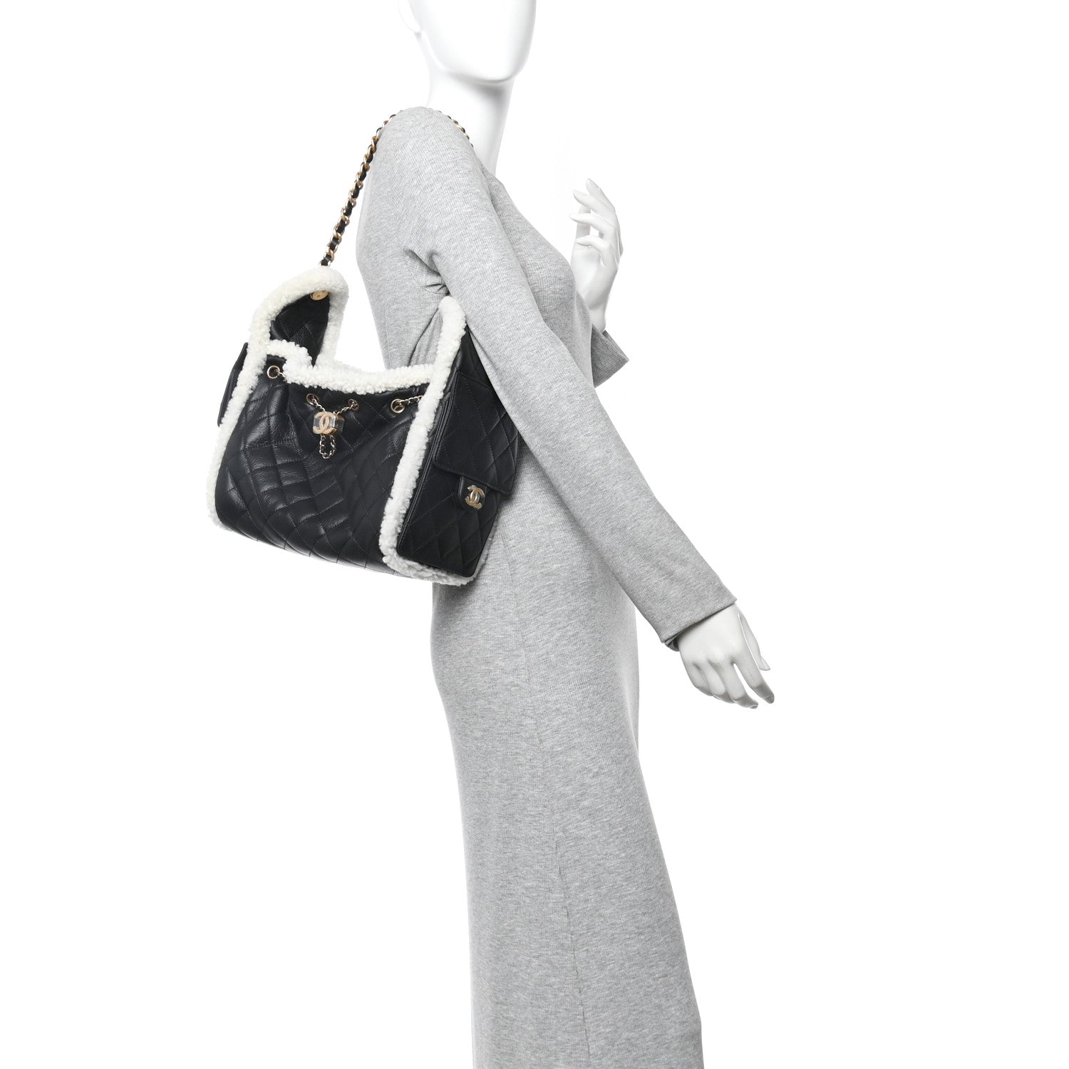 Chanel Crumpled Sheepskin Shearling Quilted Small Chanel 25 Handbag Black White 2 of 11