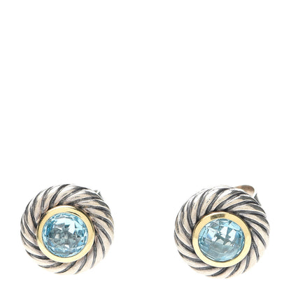 David Yurman Sterling Silver 18K Yellow Gold Blue Topaz Cookie Cable Earrings 1 of 4