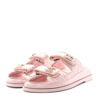 Chanel Shiny Calfskin Crystal Quilted Velcro Dad CC Slide Sandals 38 Light Pink 3 of 8