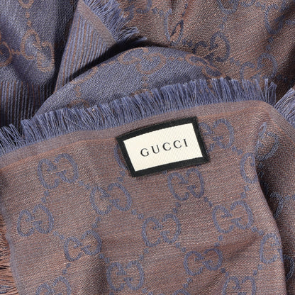 Gucci Wool Silk Monogram GGWeb Fringe Shawl Taupe Sky Blue 5 of 5