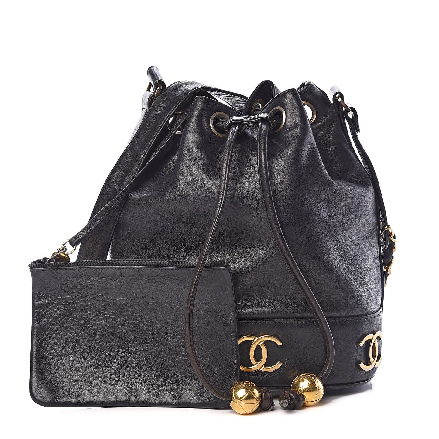 Lambskin CC Drawstring Shoulder Bag Black