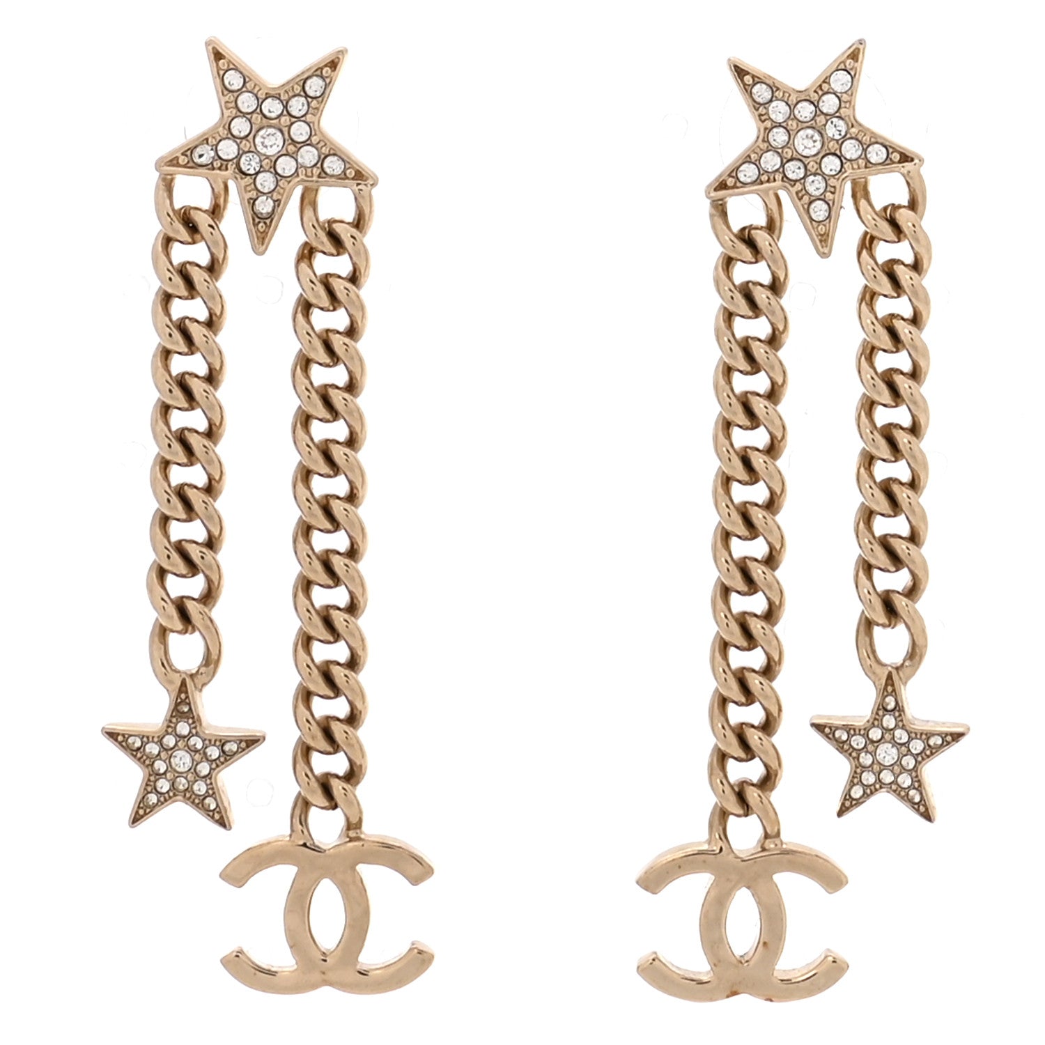 Chanel Crystal CC Star Chain Drop Earrings Gold 1 of 4