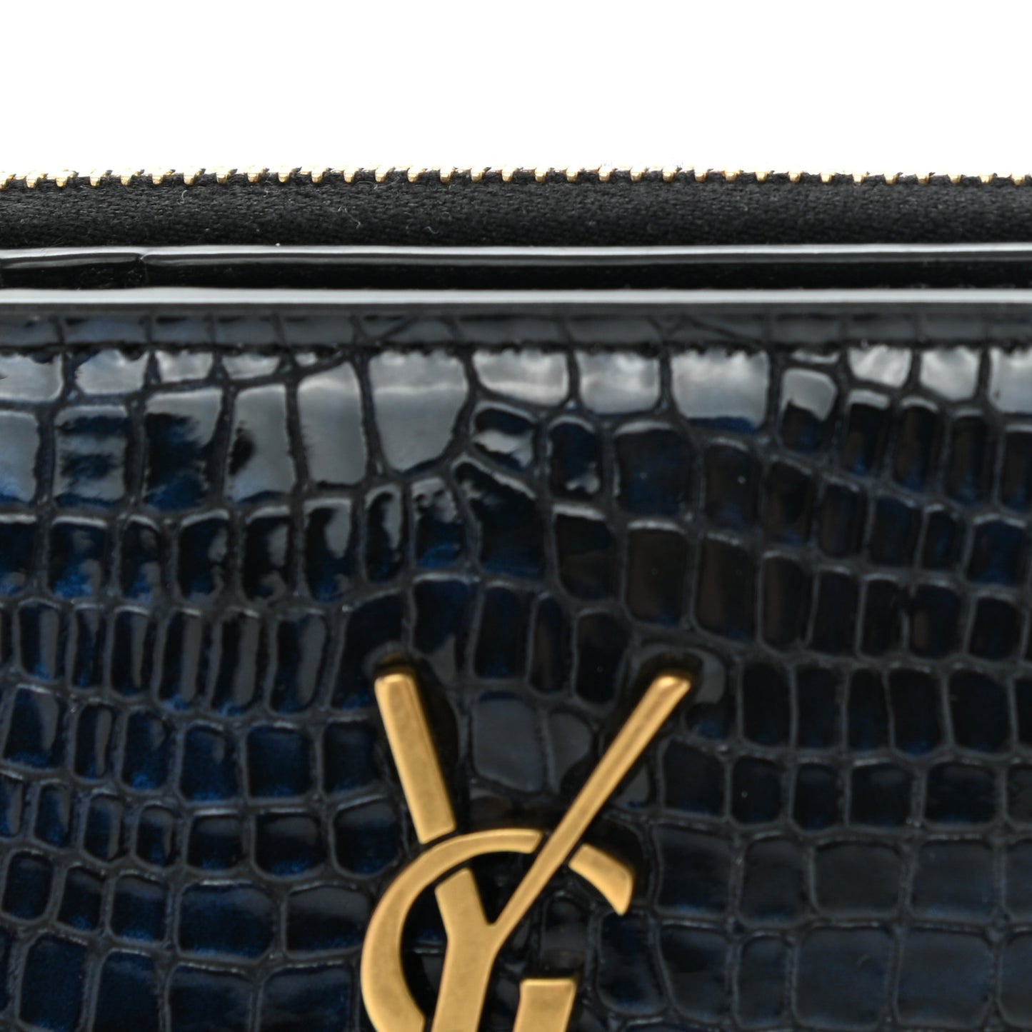 Calfskin Crocodile Embossed Monogram Compact Wallet Blue Black