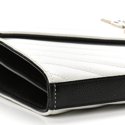 Saint Laurent Grain De Poudre Matelasse Bi-Color Chevron Monogram Chain Wallet White Black 8 of 10