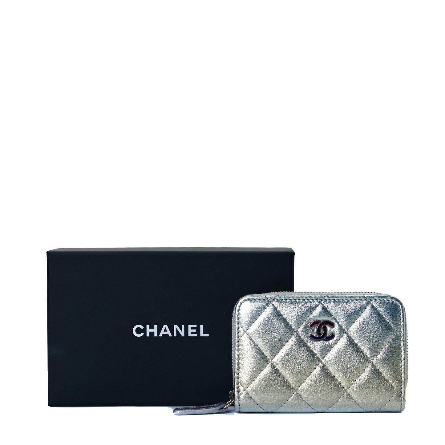 Gradient Metallic Calfskin Quilted Zip Around Coin Purse Wallet Silver Blue Yellow Purple