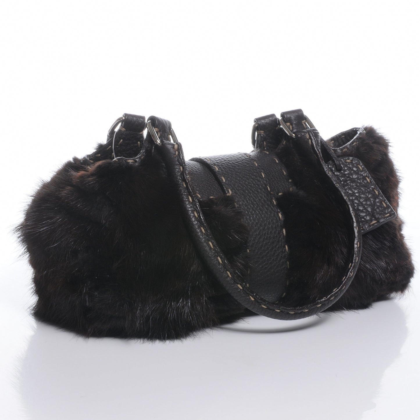 Mink Fur Calfskin Romano Selleria Shoulder Bag Brown