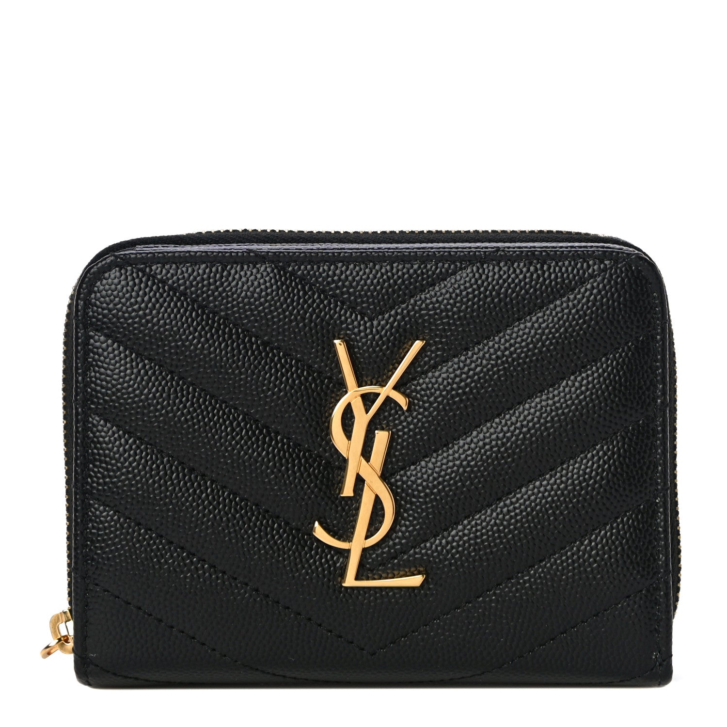 Saint Laurent Grain De Poudre Matelasse Chevron Monogram Compact Zip Around Wallet Black 1 of 11