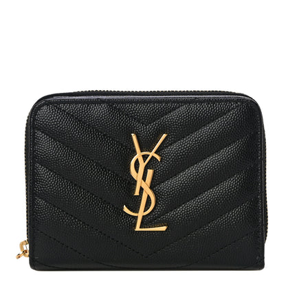 Saint Laurent Grain De Poudre Matelasse Chevron Monogram Compact Zip Around Wallet Black 1 of 11