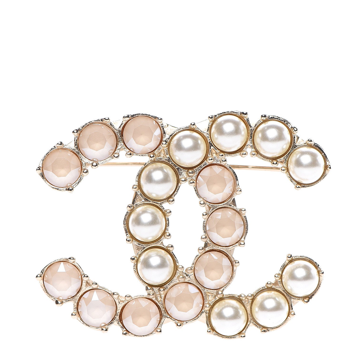 Chanel Pearl Crystal CC Brooch Light Pink Gold 1 of 4