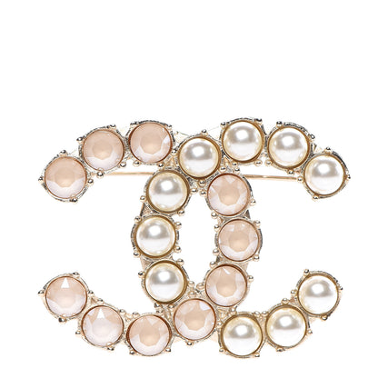 Chanel Pearl Crystal CC Brooch Light Pink Gold 1 of 4