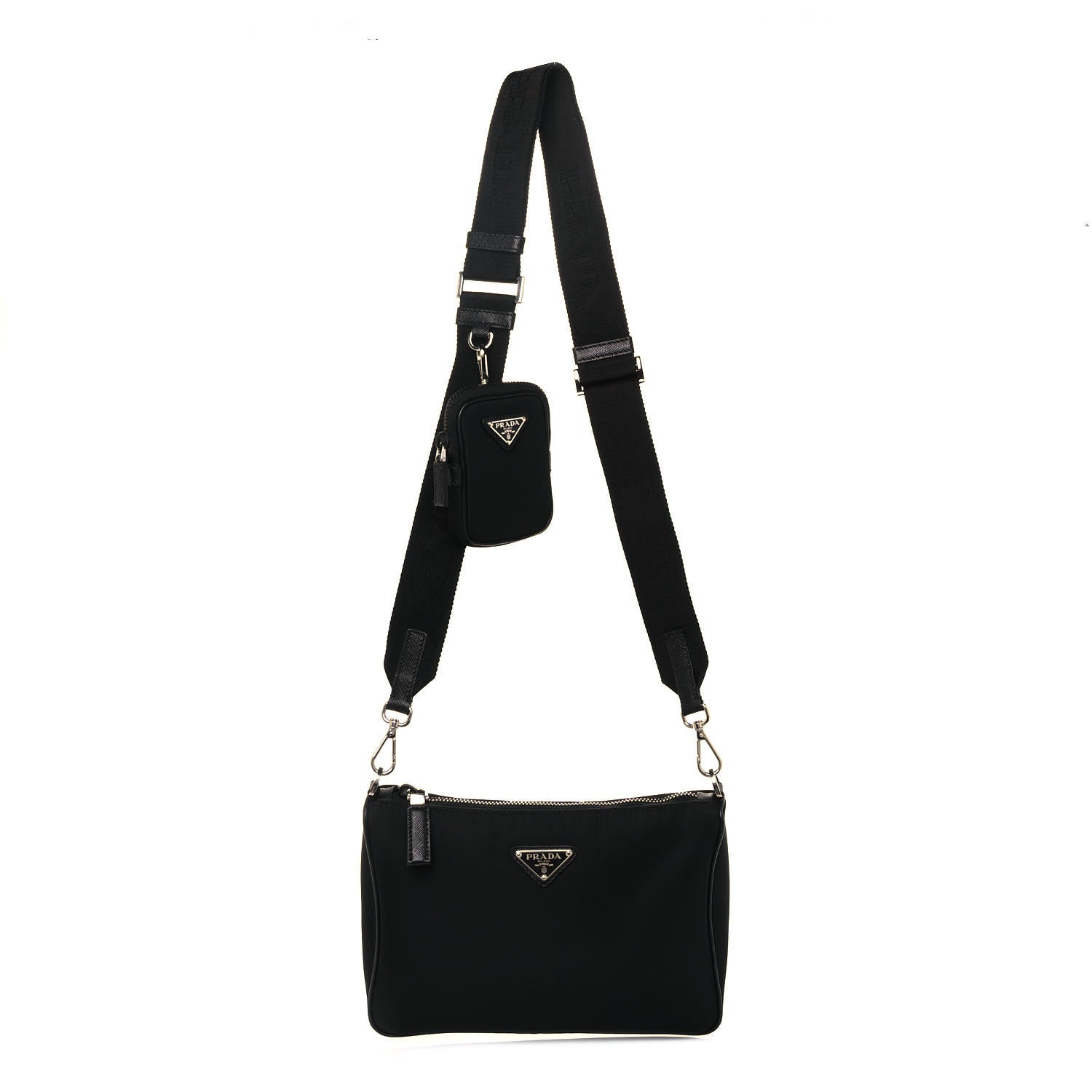 Prada Tessuto Nylon Saffiano Pocket Zippered Shoulder Bag Black 1 of 9