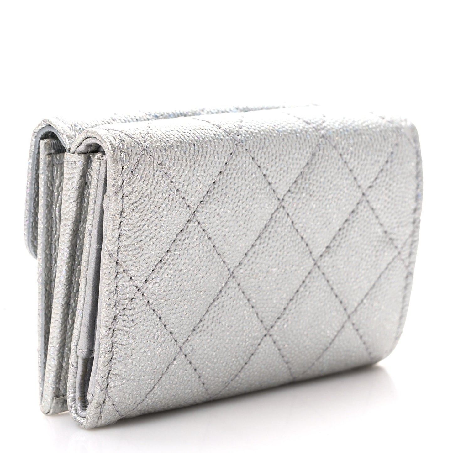 Caviar Quilted Double Flap Wallet Silver