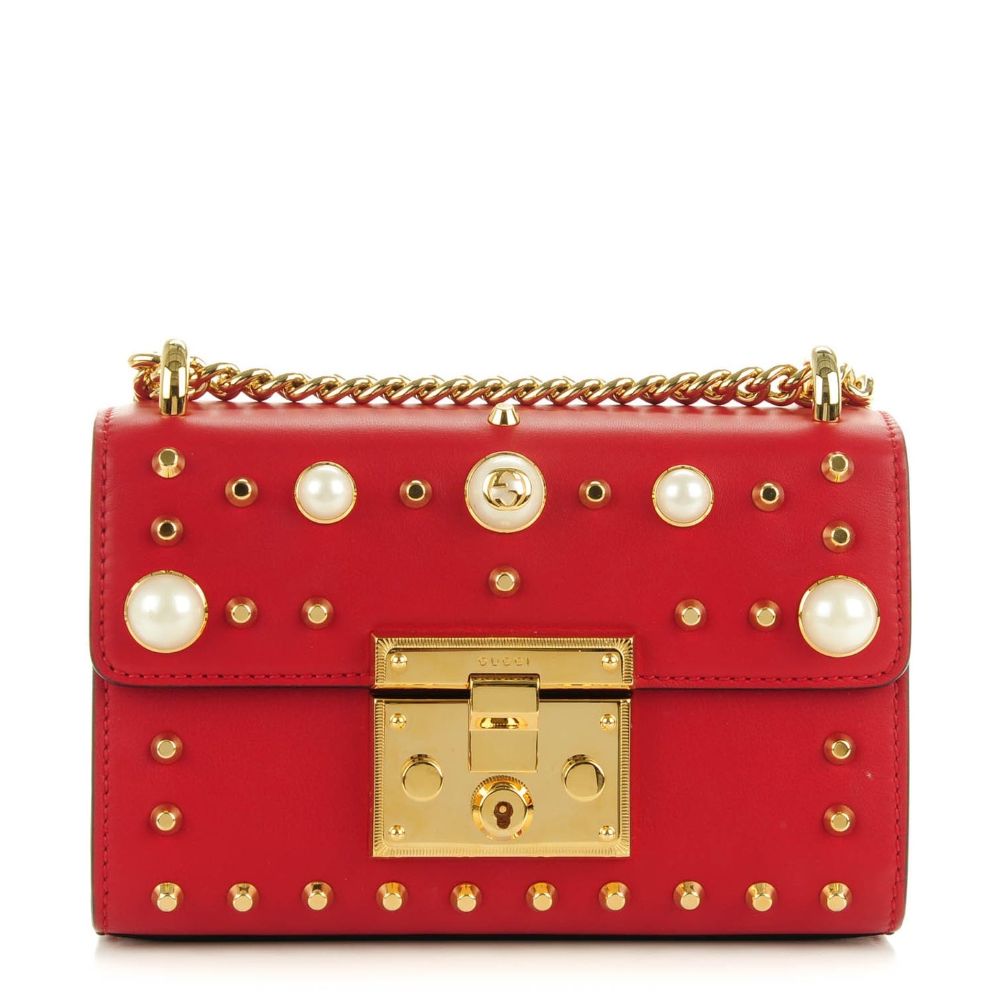 Calfskin Studded Small Padlock Shoulder Bag Hibiscus Red