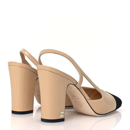 Chanel Lambskin Grosgrain Cap Toe CC Slingback Pumps 37 Beige Black 5 of 13