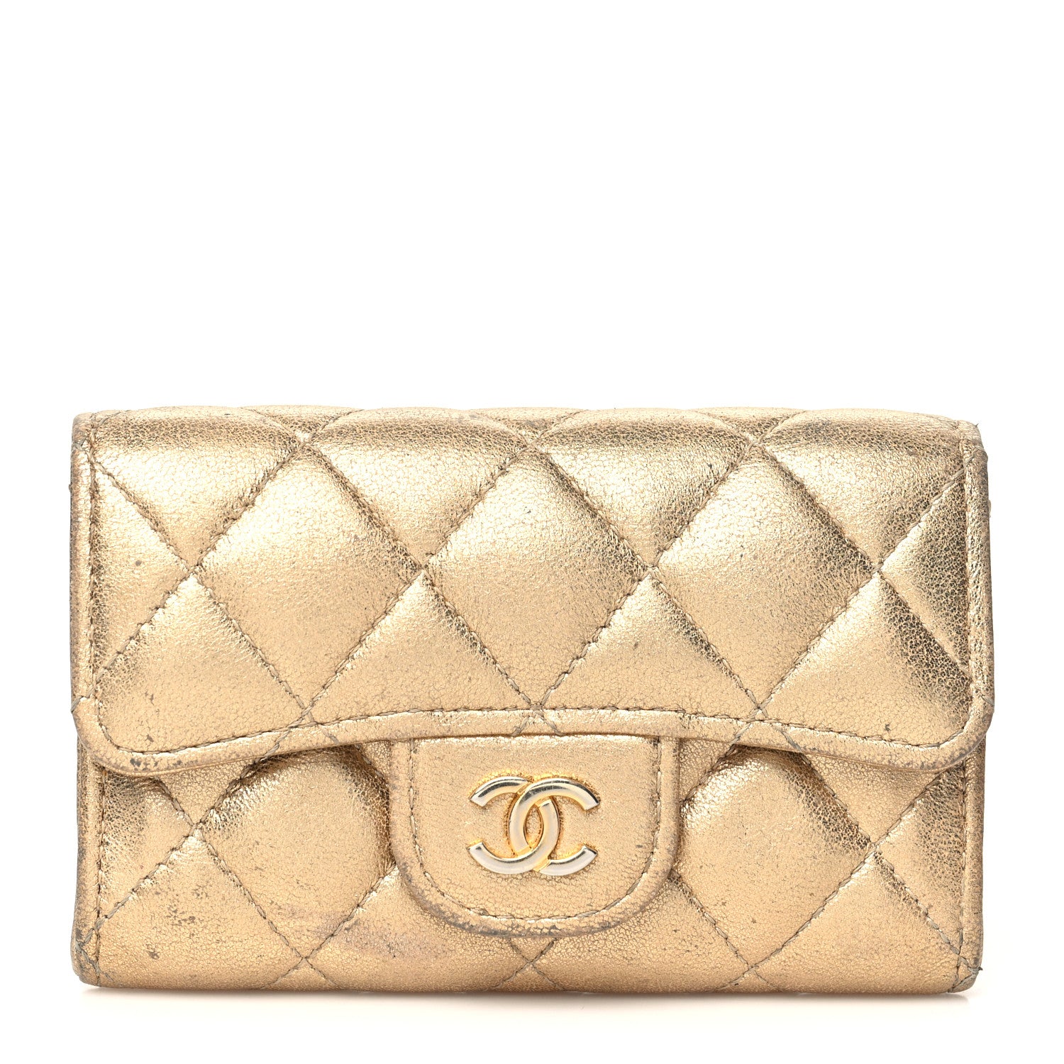 Chanel Metallic Lambskin Quilted Flap Card Holder Wallet Gold 1 of 13
