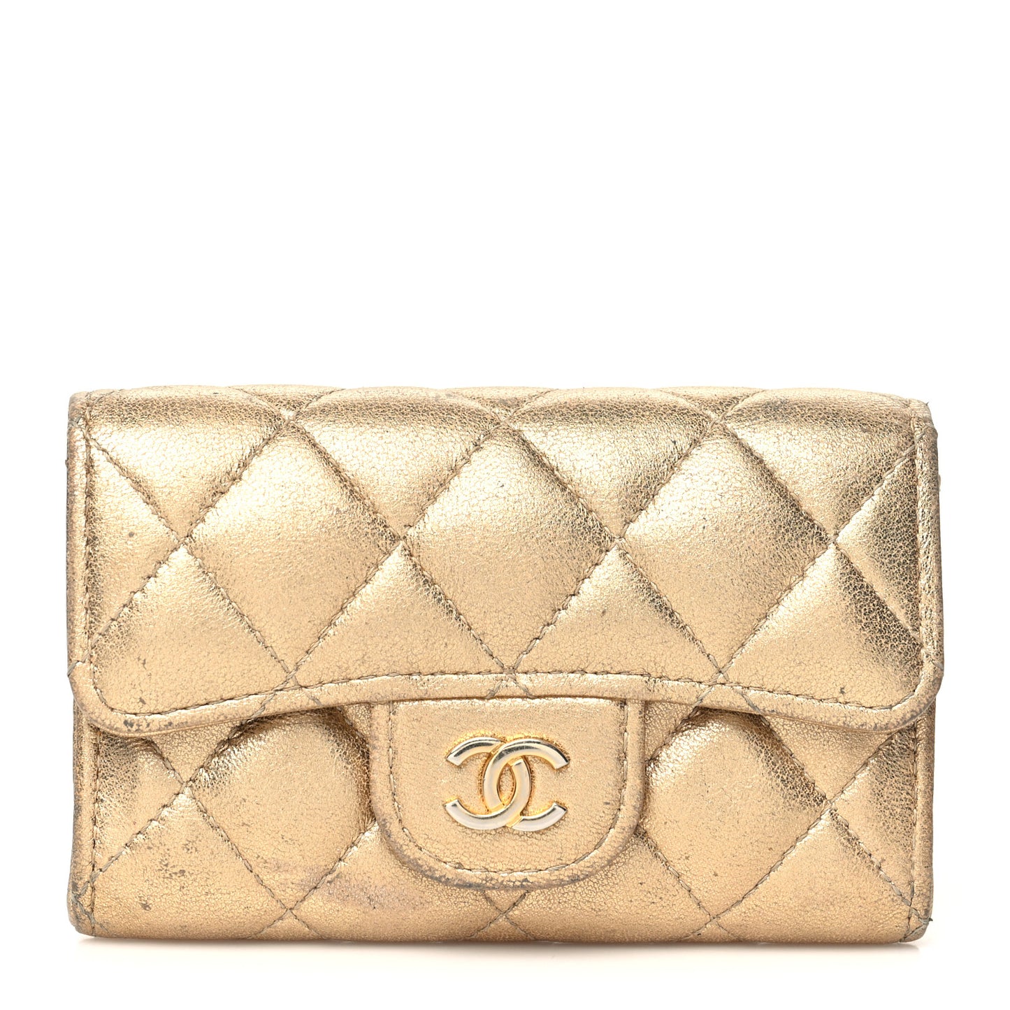 Metallic Lambskin Quilted Flap Card Holder Wallet Gold