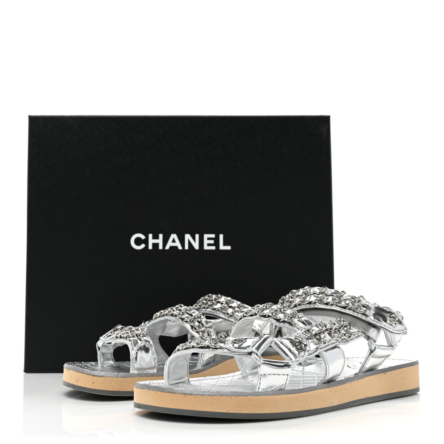 Metallic Laminated Goastkin Chain Flat Sandals 37 Silver