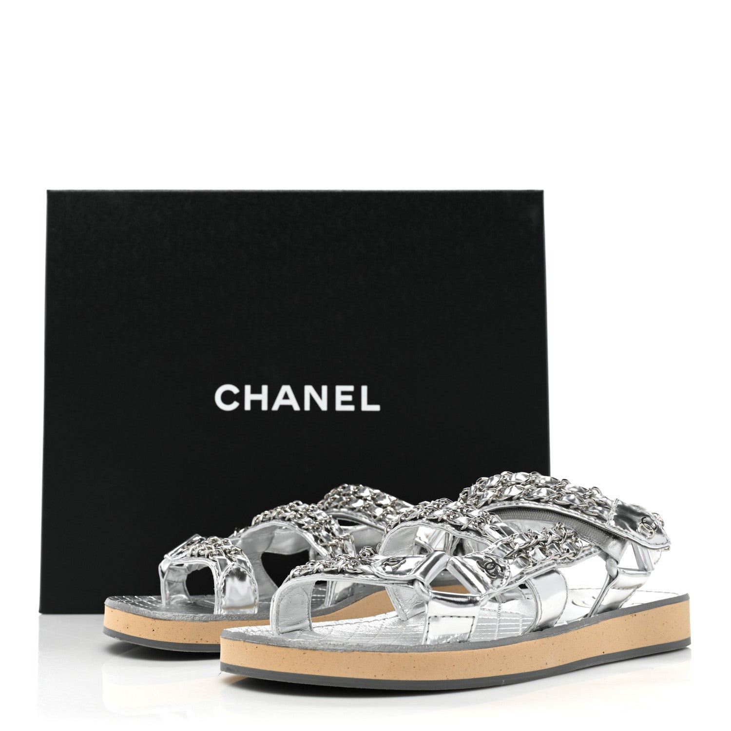 Chanel Metallic Laminated Goastkin Chain Flat Sandals 37 Silver 11 of 11