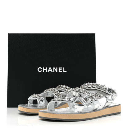 Chanel Metallic Laminated Goastkin Chain Flat Sandals 37 Silver 11 of 11
