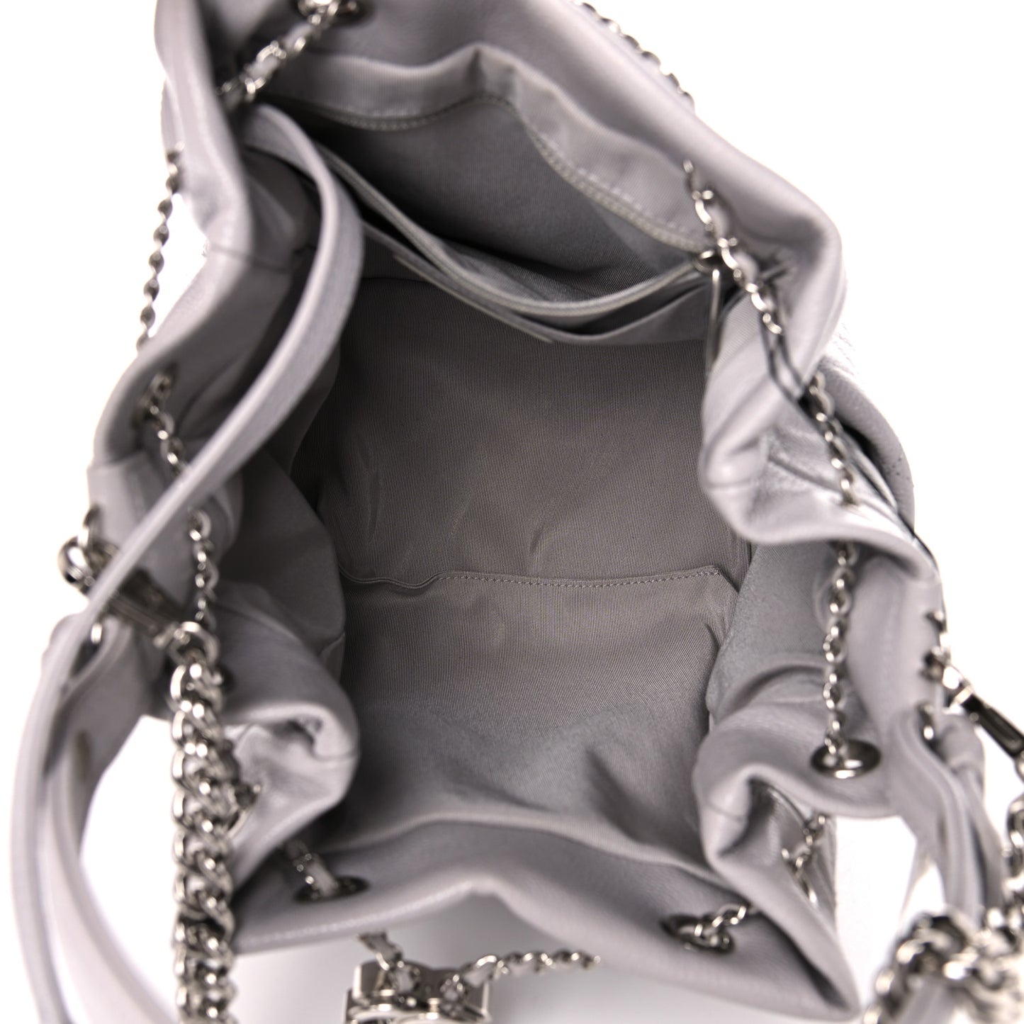Caviar Flat Quilted CC Chain Bucket Drawstring Bag Light Grey