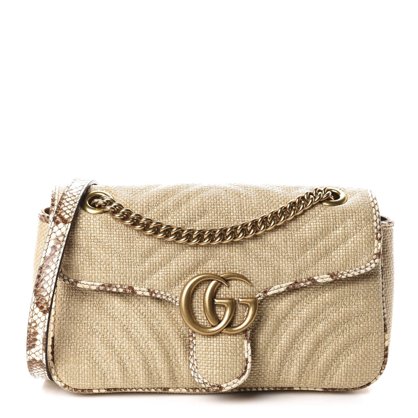Raffia Elaphe Matelasse Small GG Marmont Shoulder Bag Natural Cream Brown