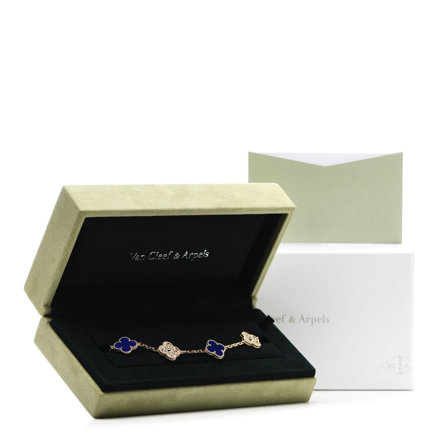 18K Yellow Gold Diamond Lapis Lazuli 5 Motifs Vintage Alhambra Bracelet