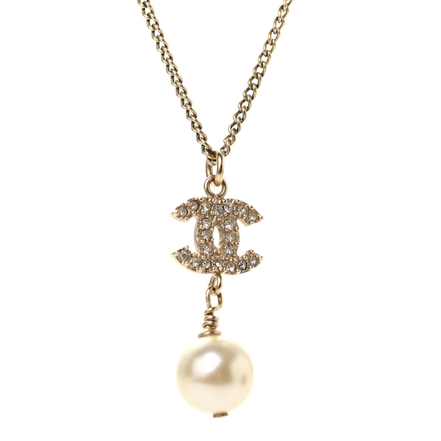 Pearl Crystal CC Pendant Necklace Light Gold