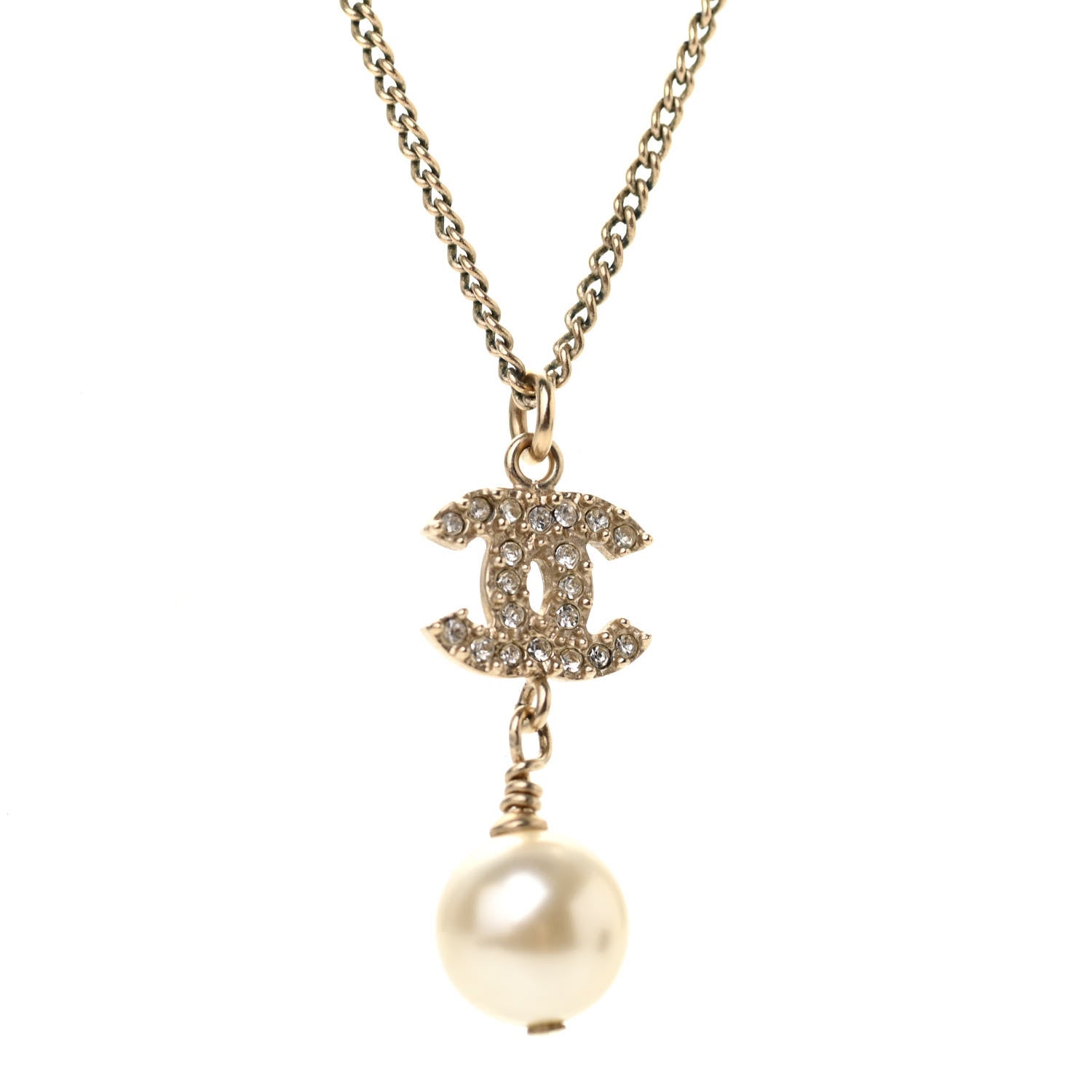 Chanel Pearl Crystal CC Pendant Necklace Light Gold 4 of 5