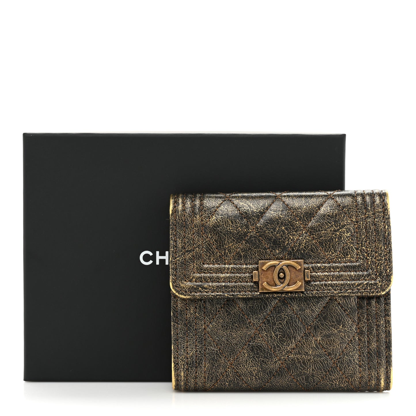 Cracked Metallic Calfskin Quilted Compact Boy Wallet Gold