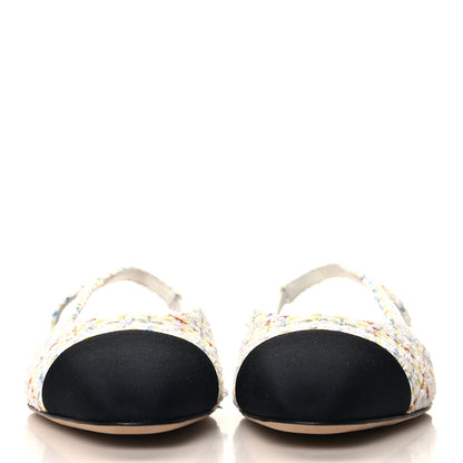 Chanel Tweed Grosgrain Cap Toe CC Slingback Flat 40 White Multicolor 3 of 10