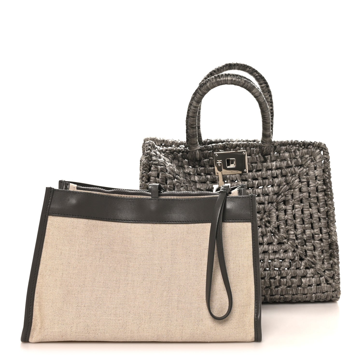 Salvatore Ferragamo Raffia Medium The Studio Box Bag Silver 3 of 10