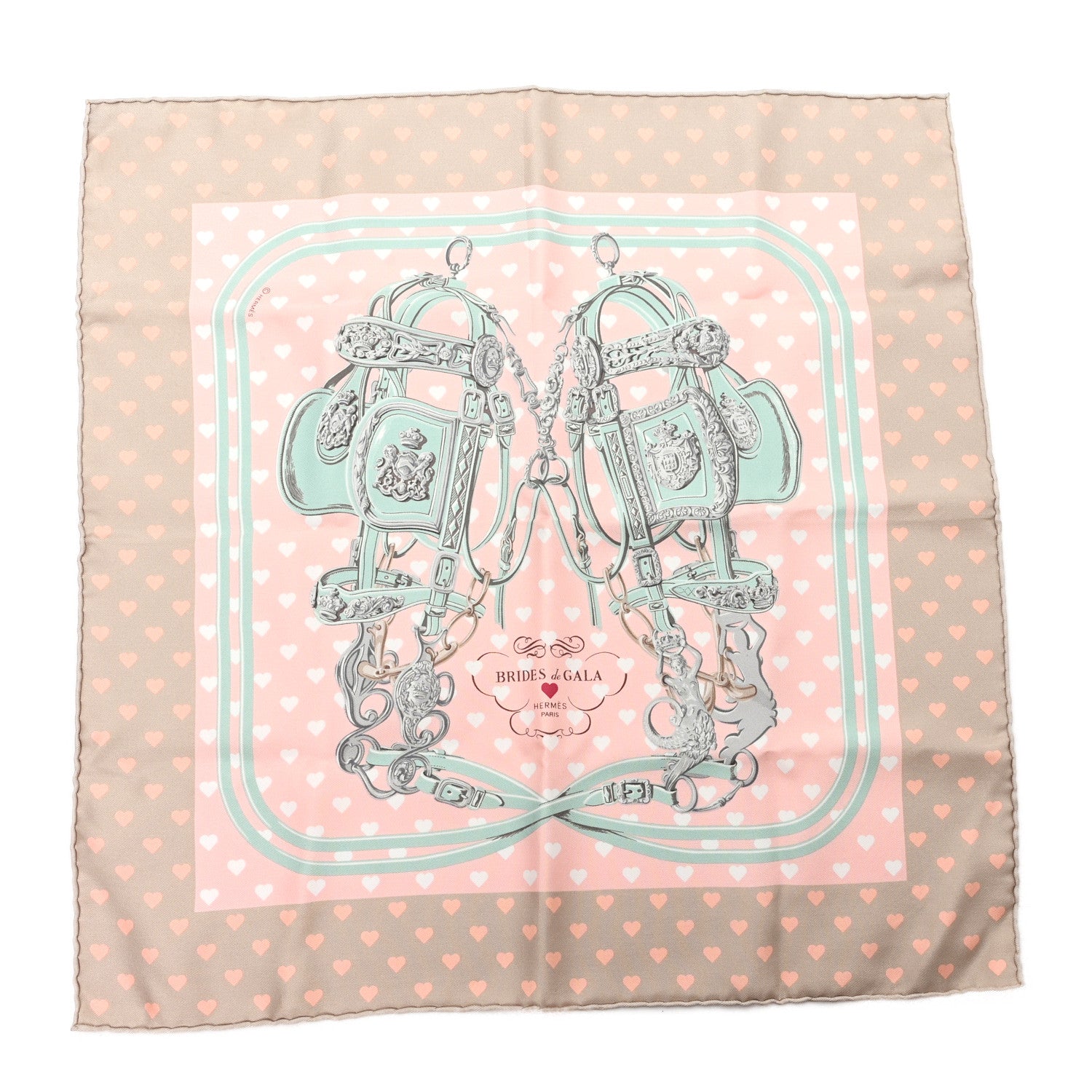 Hermes Silk Brides De Gala Love Pocket Square Beige Rose Dragee Vert Amande 1 of 3