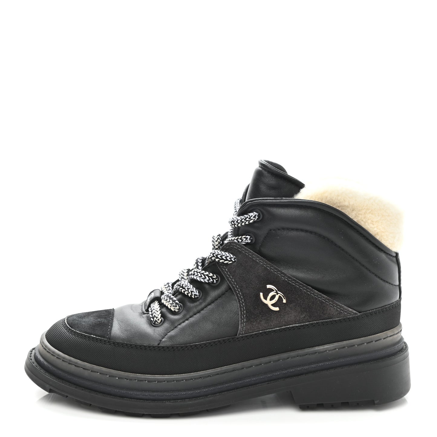 Lambskin Shearling Suede CC High Lace Up Boots 38 Black