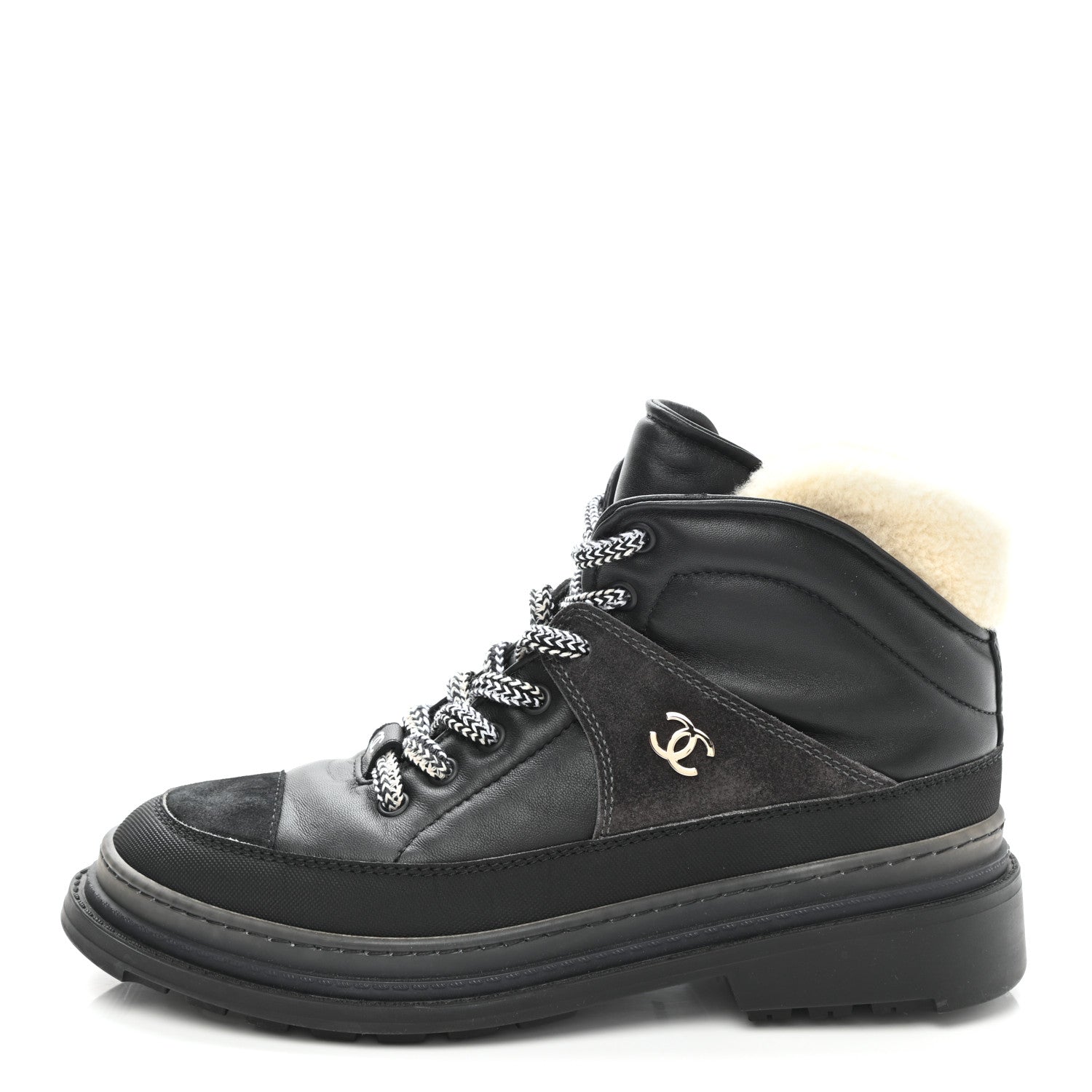 Chanel Lambskin Shearling Suede CC High Lace Up Boots 38 Black 1 of 10